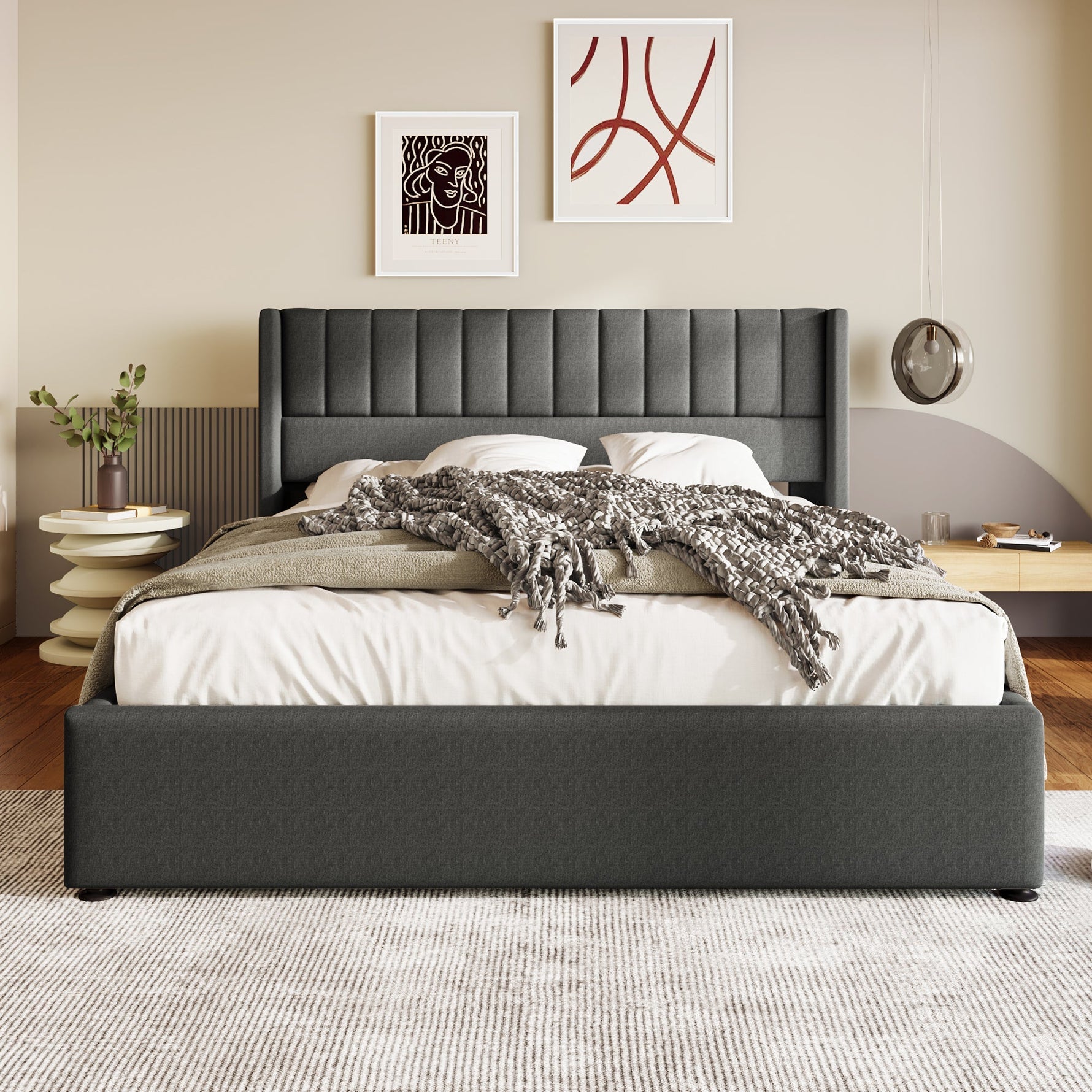 Storage Bed, Hydraulic Double 160x200cm Wooden & Metal Slatted Frame, Linen Grey