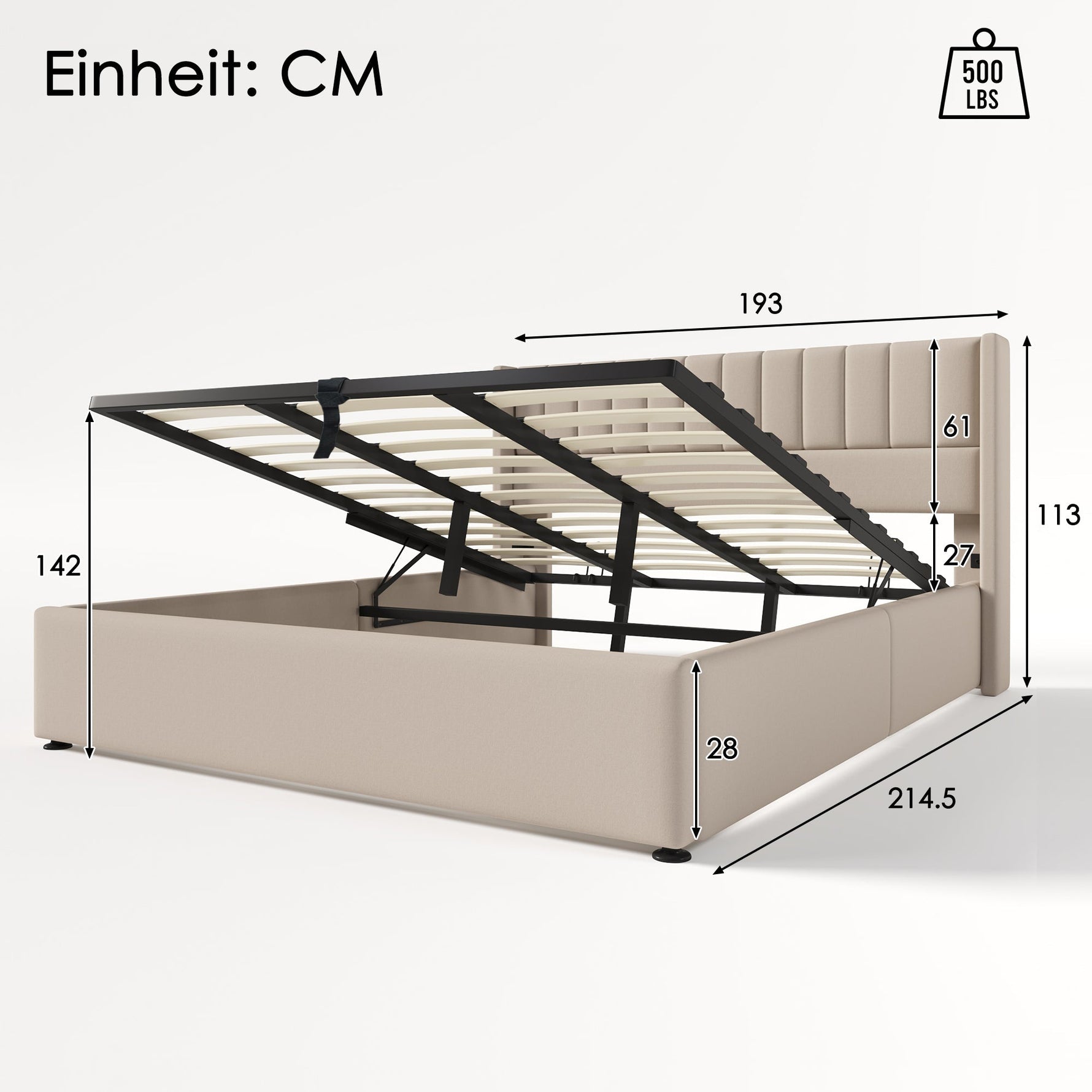 Upholstered Hydraulic Storage Bed, 180x200cm, Beige Linen