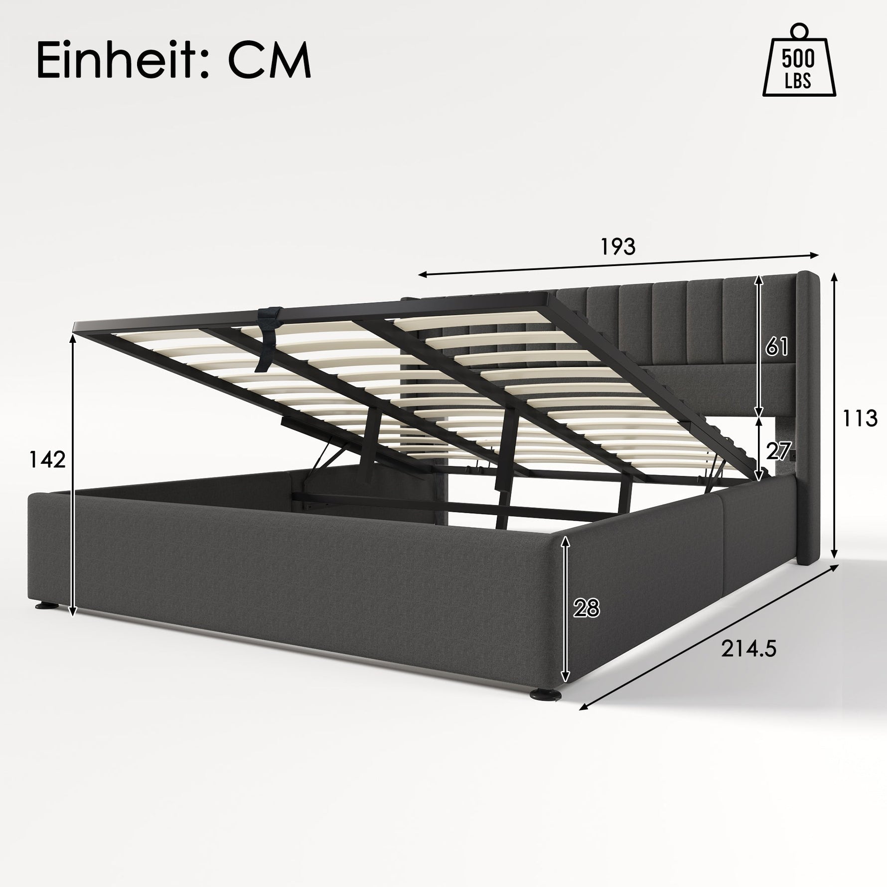Storage Bed, Hydraulic Double 180x200cm, Linen Grey
