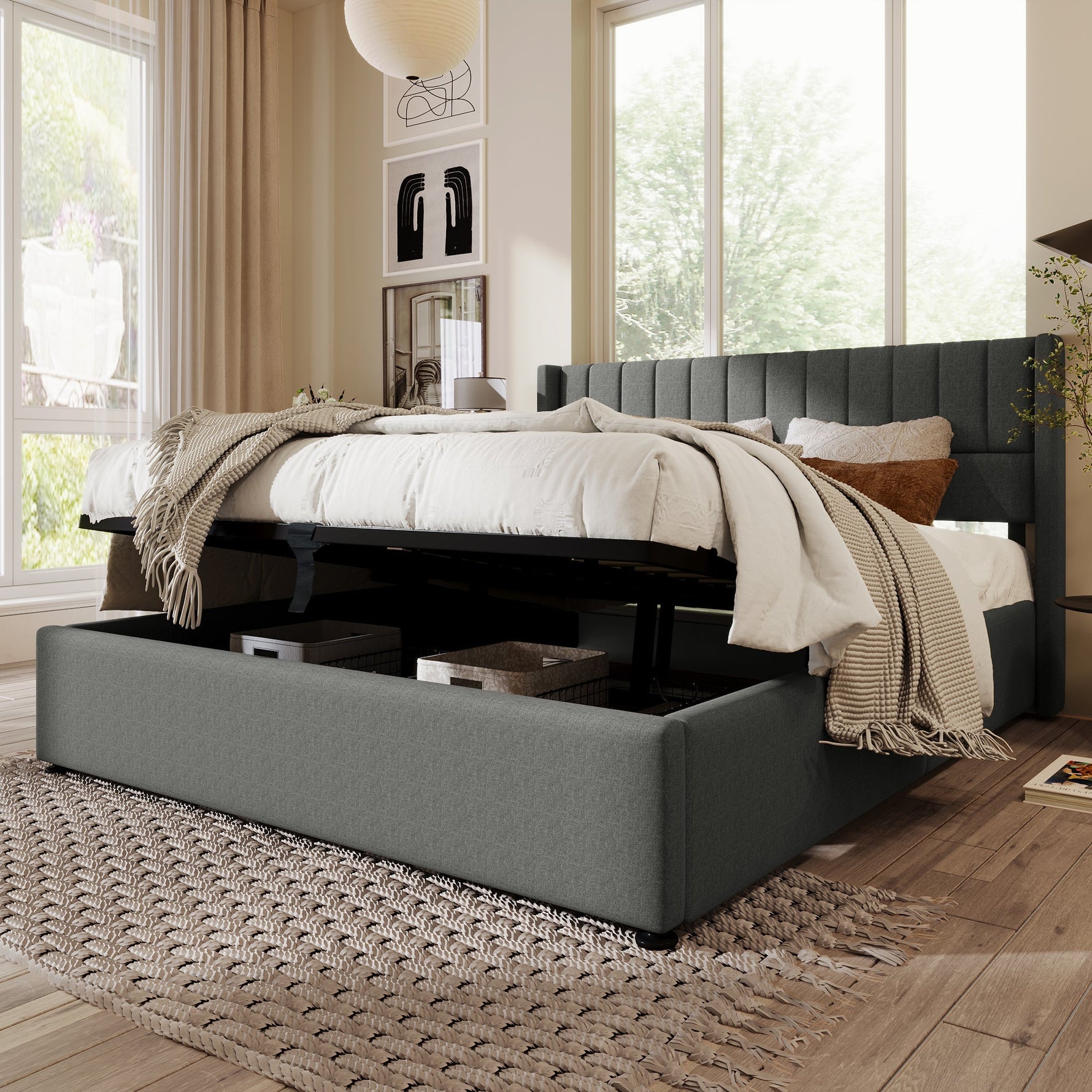 Storage Bed, Hydraulic Double 160x200cm Wooden & Metal Slatted Frame, Linen Grey