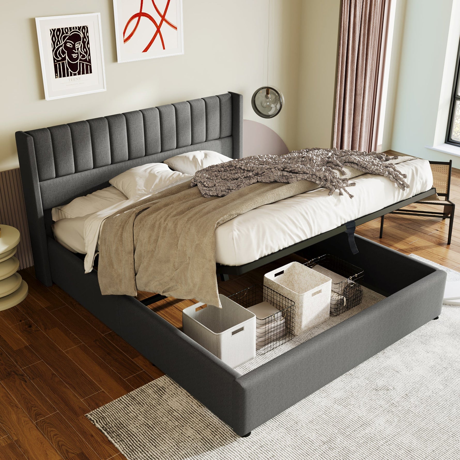 Storage Bed, Hydraulic Double 160x200cm Wooden & Metal Slatted Frame, Linen Grey