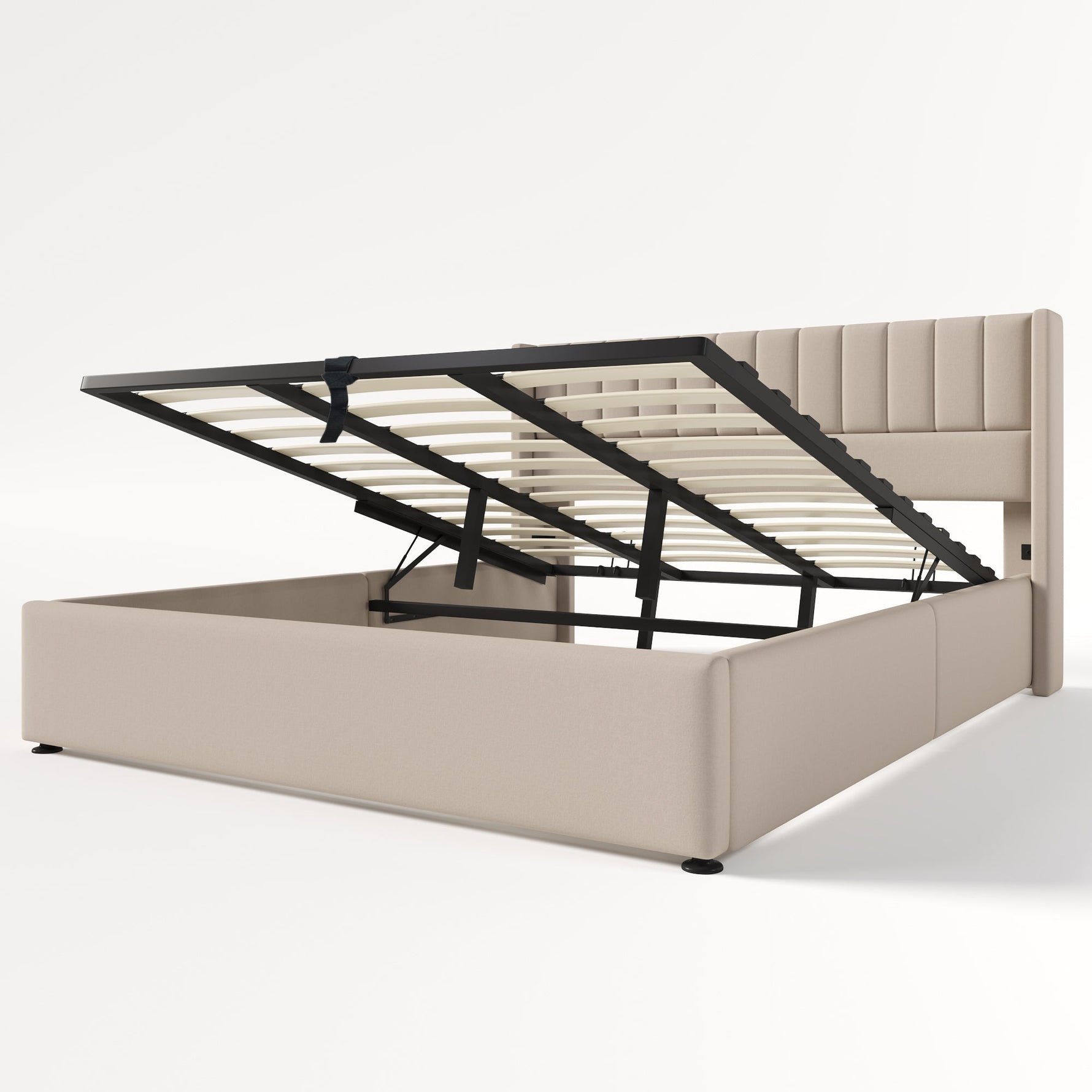 Upholstered Hydraulic Storage Bed, 180x200cm, Beige Linen