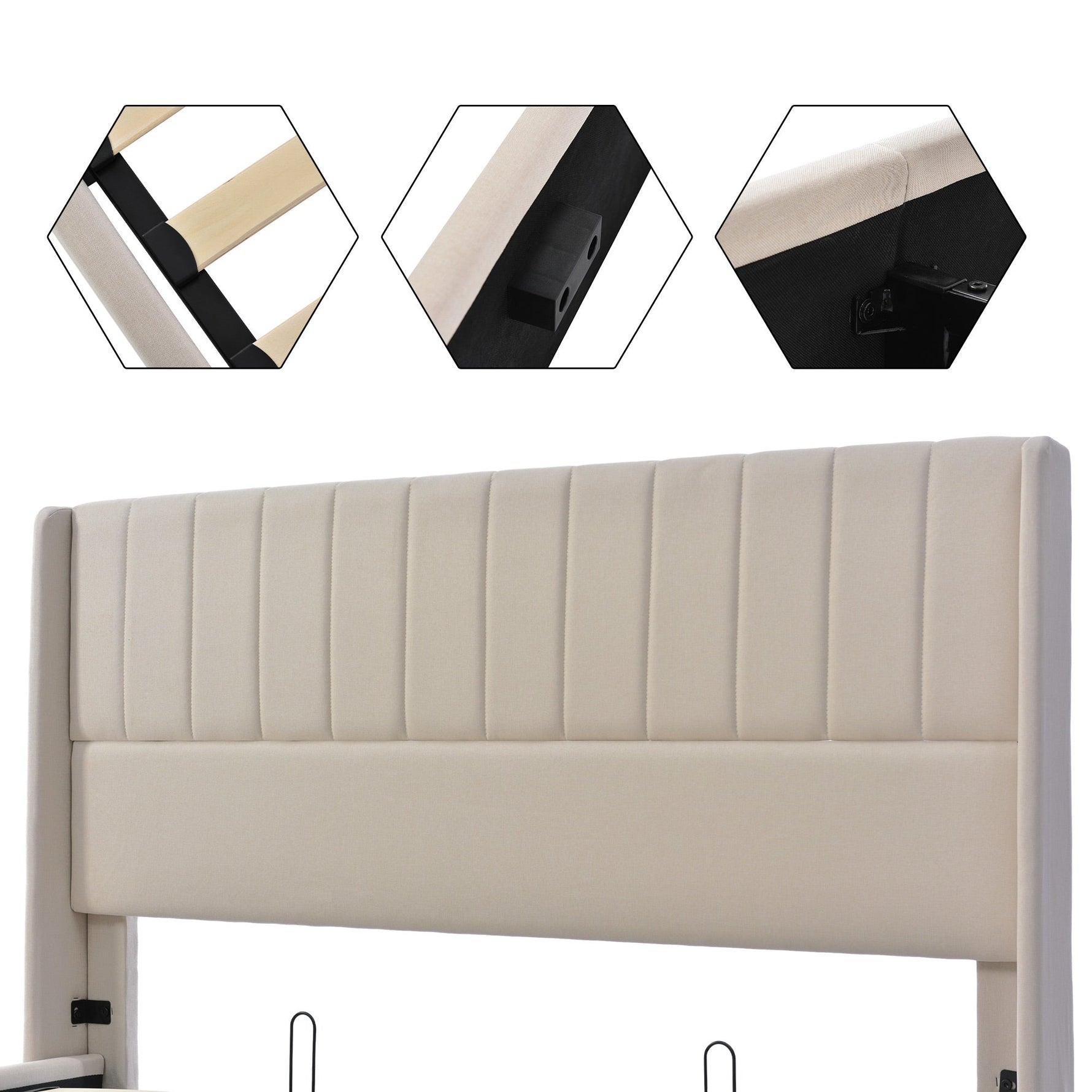 Storage Bed, Upholstered Hydraulic Double Bed 140x200cm, Linen Beige