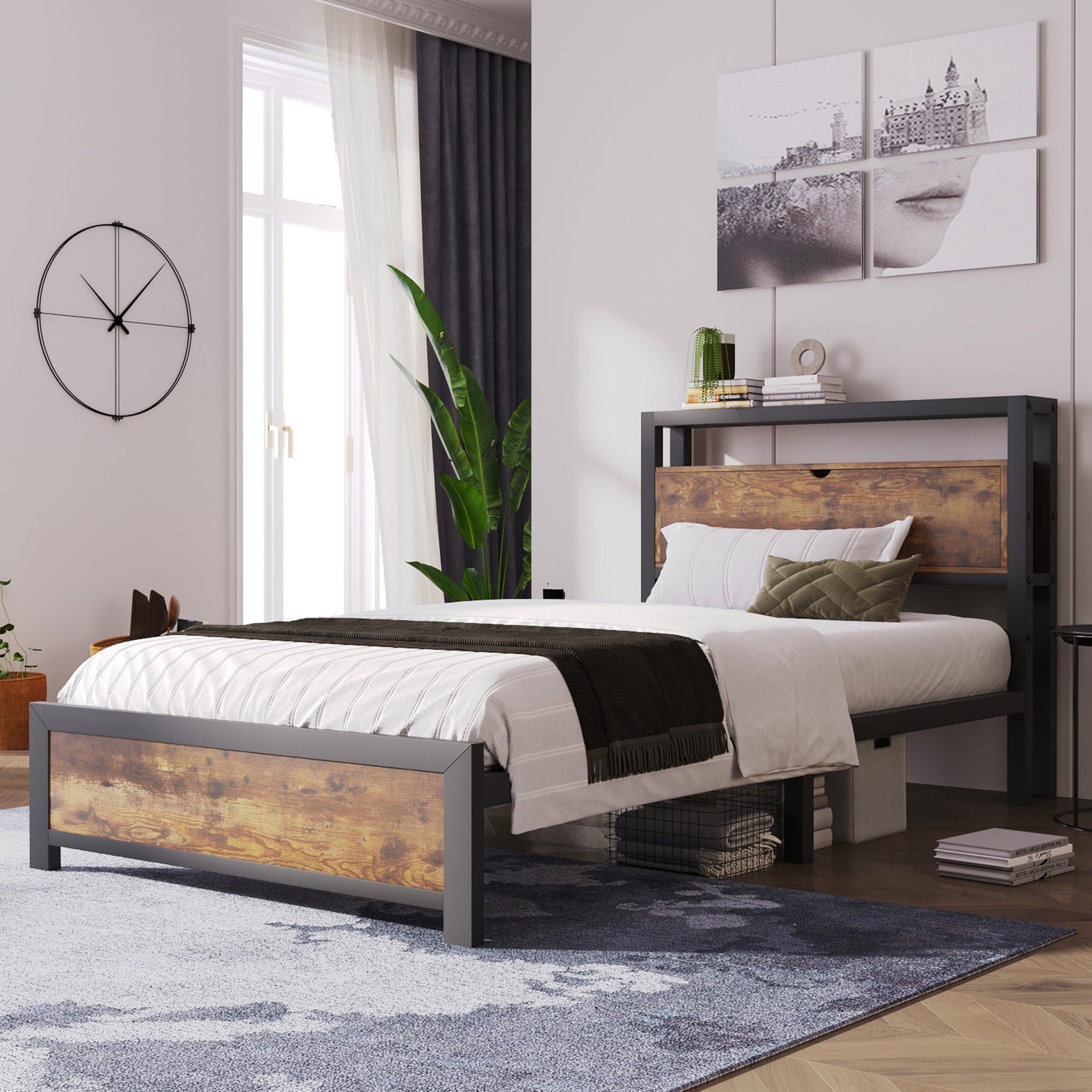 Metal Bed Single 90 x 200 cm with Storage Headboard, Black Steel