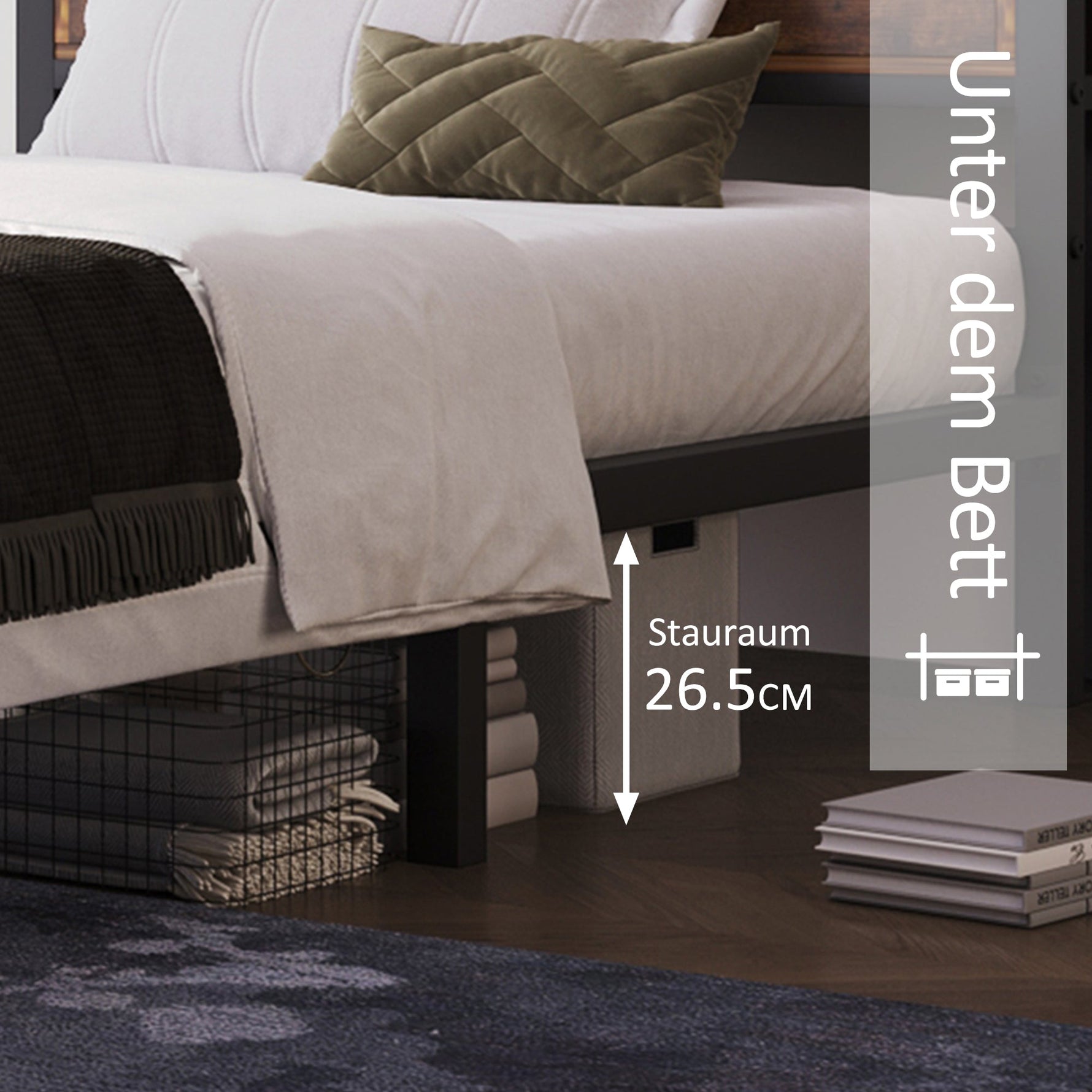 Metal Bed, Double 140 x 200 cm, Storage Headboard, Metal Slatted Frame