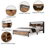 Metal Bed, Double 140 x 200 cm, Storage Headboard, Metal Slatted Frame