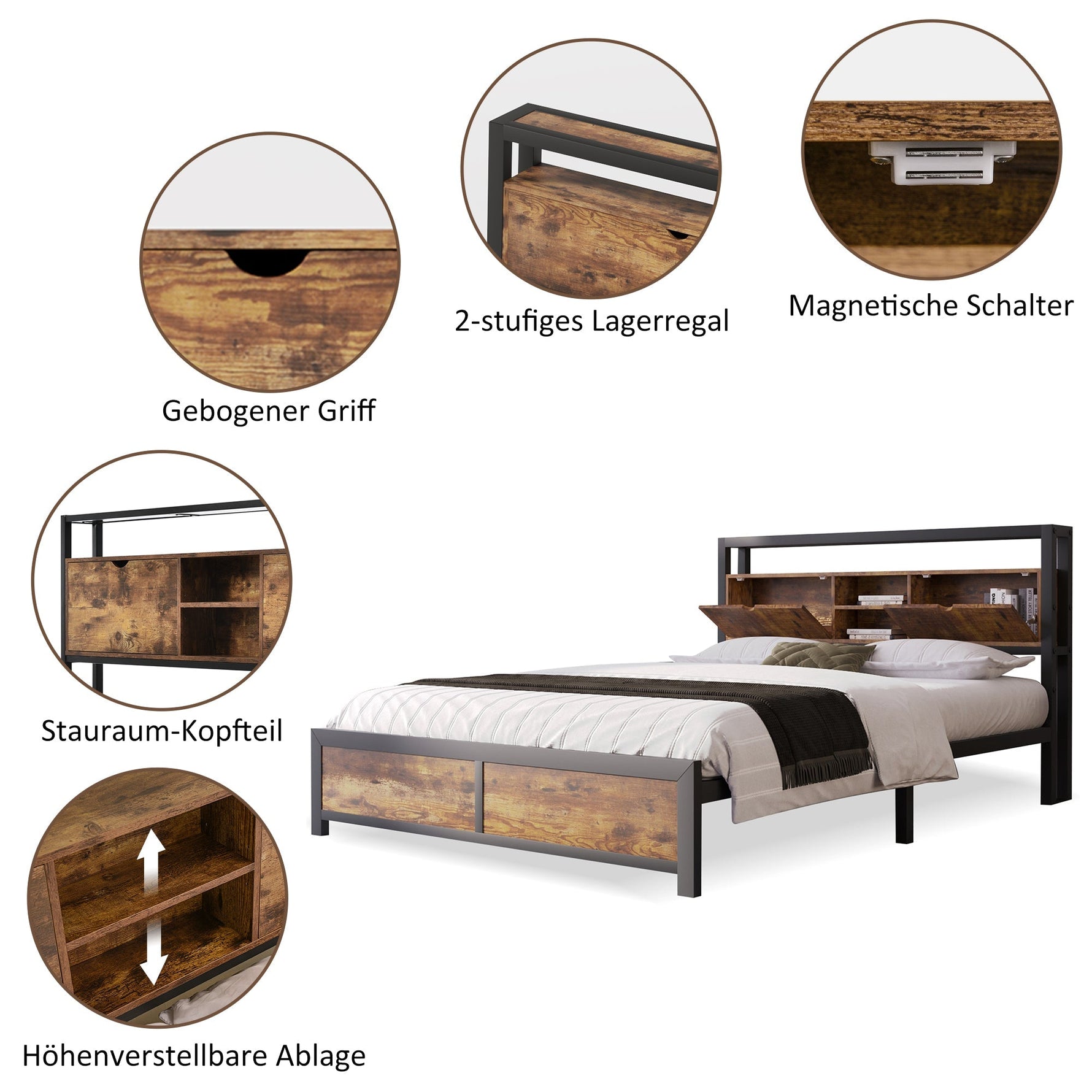 Metal Bed, Double 140 x 200 cm, Storage Headboard, Metal Slatted Frame