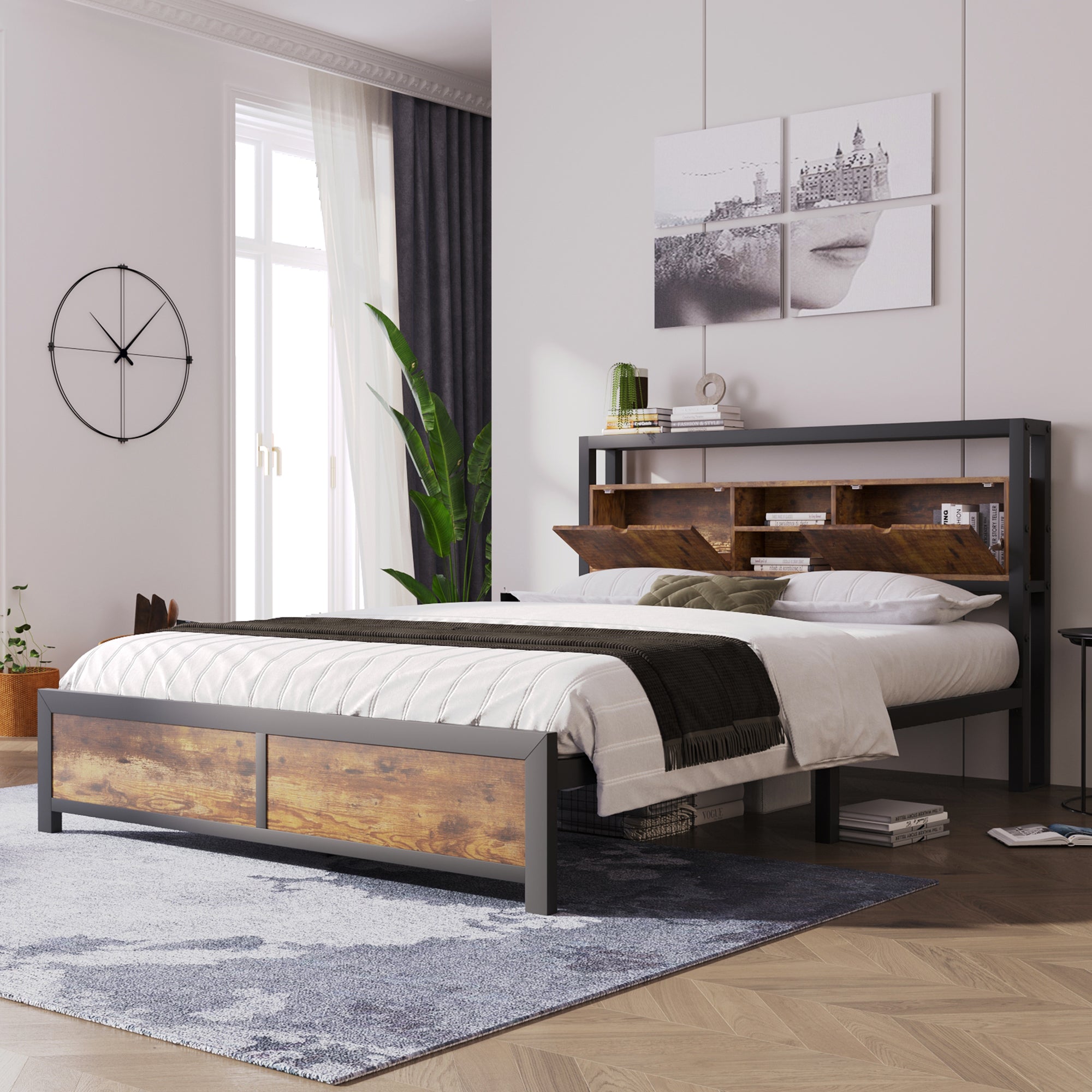Metal Bed, Double 140 x 200 cm, Storage Headboard, Metal Slatted Frame