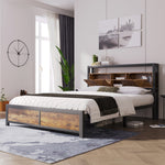 Metal Bed, Double 140 x 200 cm, Storage Headboard, Metal Slatted Frame