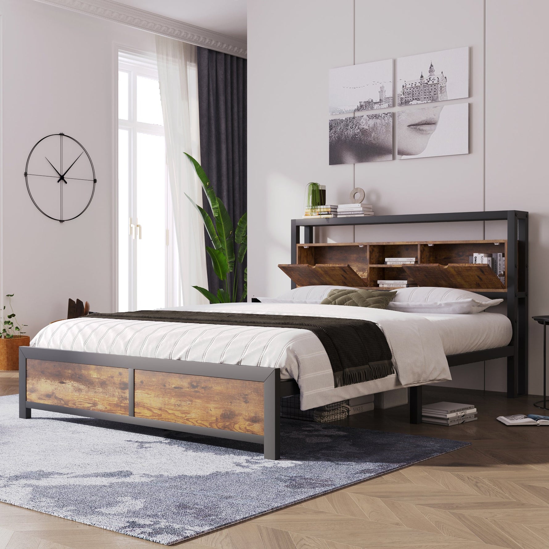 Metal Bed, Double 140 x 200 cm, Storage Headboard, Metal Slatted Frame