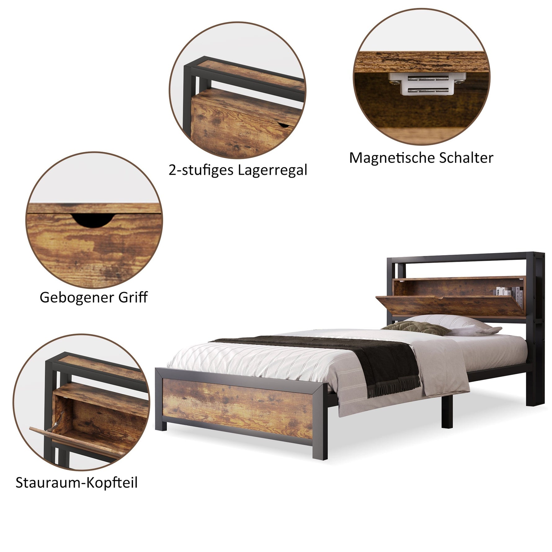 Metal Bed Single 90 x 200 cm with Storage Headboard, Black Steel