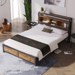 Metal Bed, Double 140 x 200 cm, Storage Headboard, Metal Slatted Frame