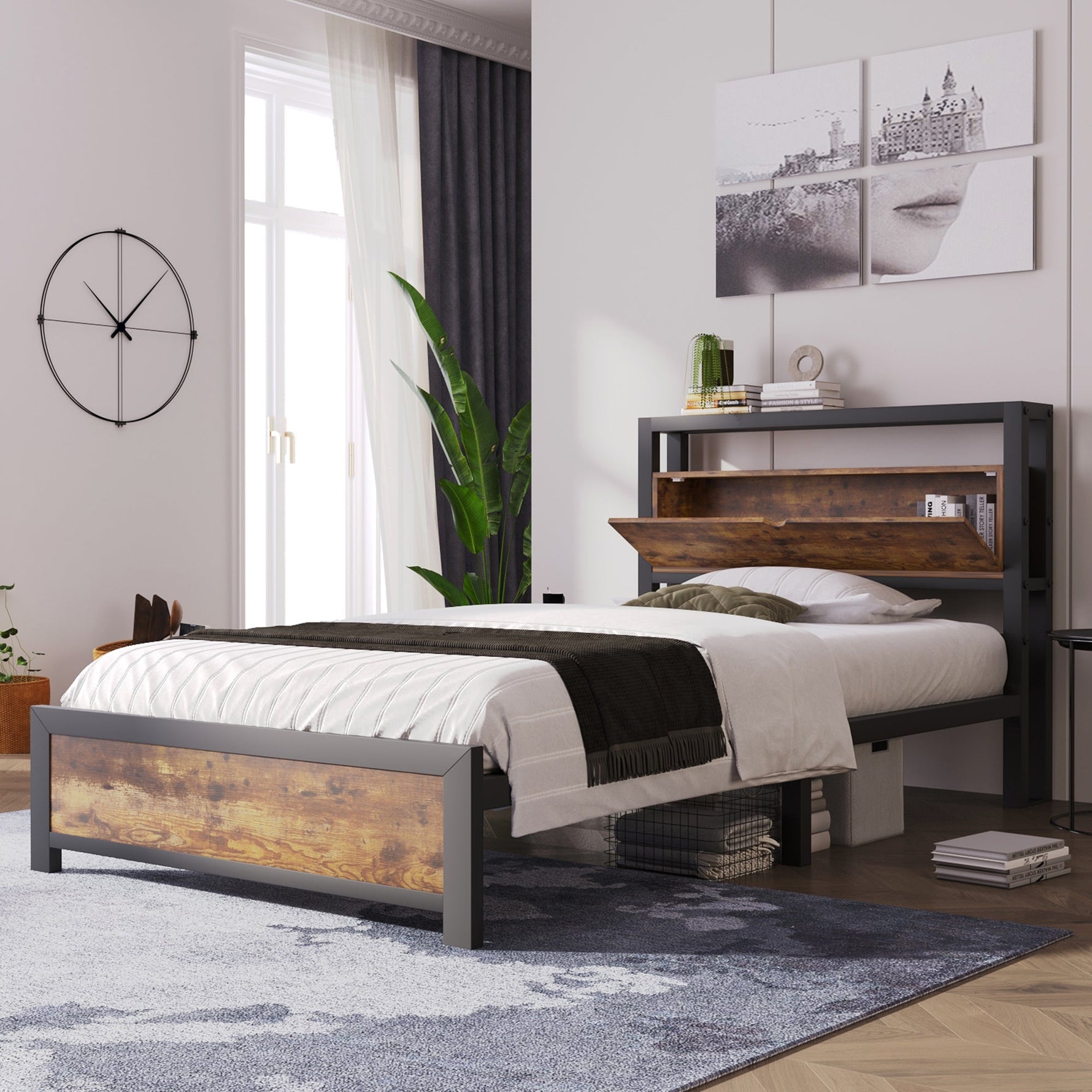 Metal Bed Single 90 x 200 cm with Storage Headboard, Black Steel