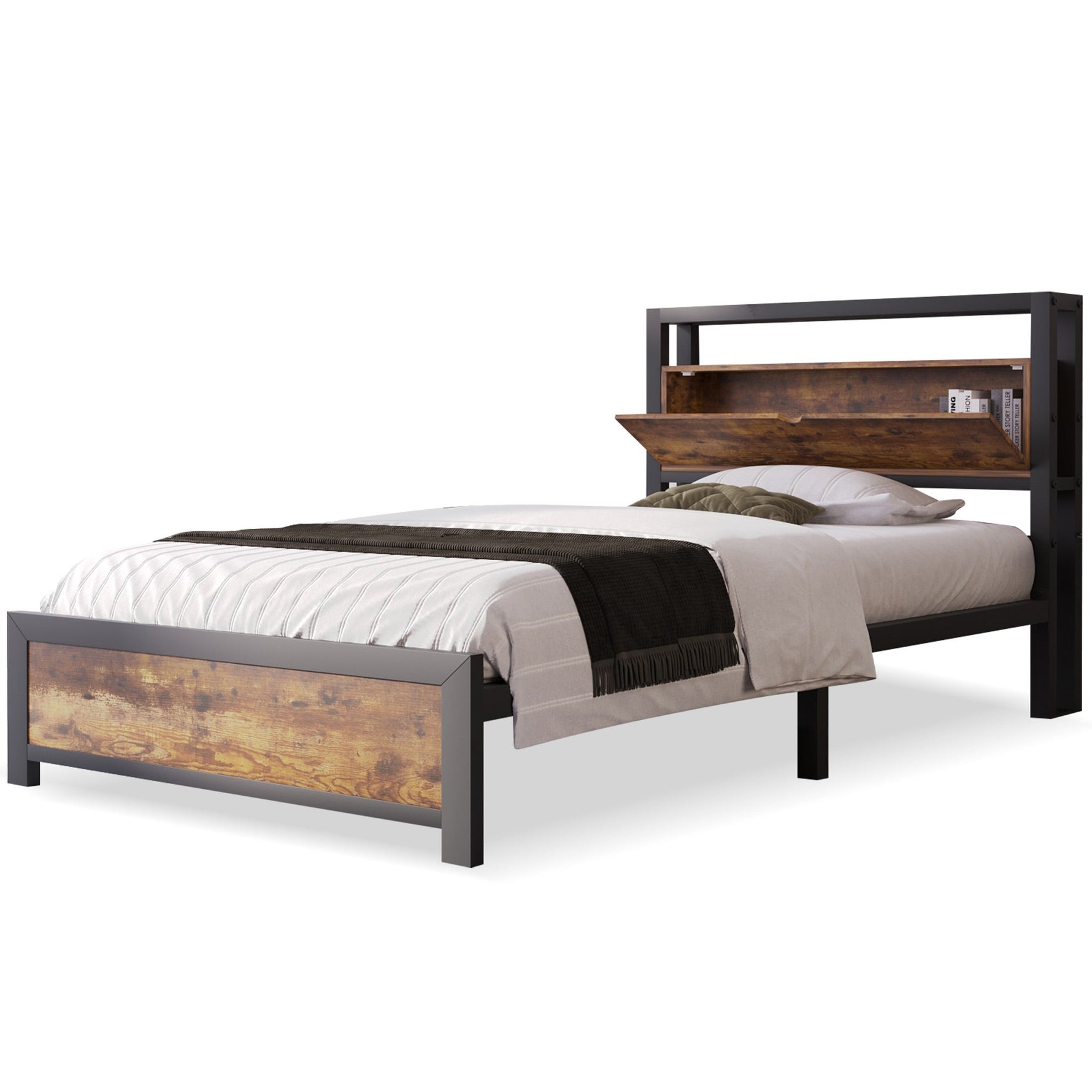 Metal Bed Single 90 x 200 cm with Storage Headboard, Black Steel