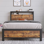 Metal Bed Single 90 x 200 cm with Storage Headboard, Black Steel