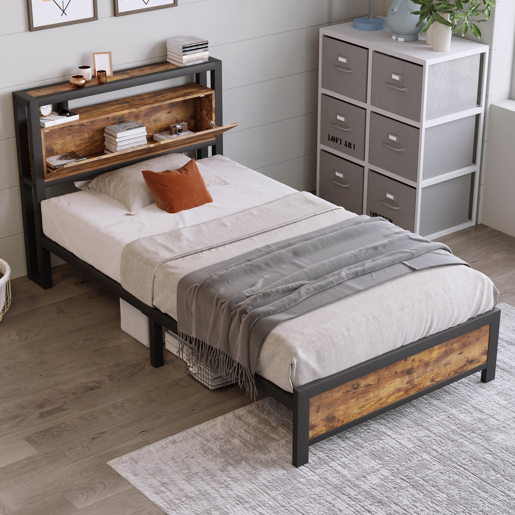 Metal Bed Single 90 x 200 cm with Storage Headboard, Black Steel