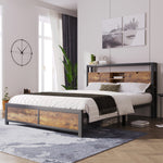 Metal Bed, Double 140 x 200 cm, Storage Headboard, Metal Slatted Frame