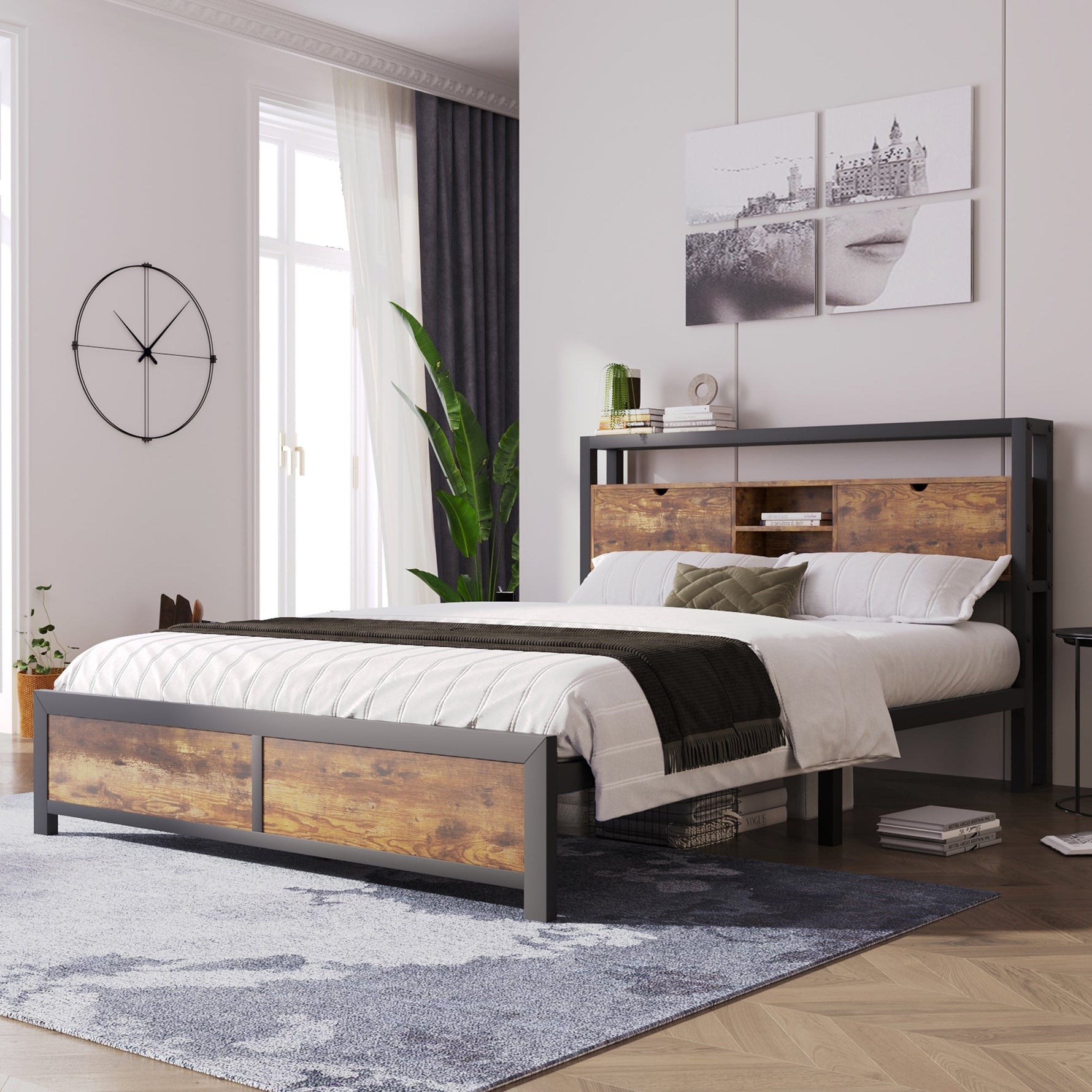 Metal Bed, Double 140 x 200 cm, Storage Headboard, Metal Slatted Frame