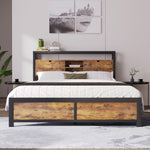 Metal Bed, Double 140 x 200 cm, Storage Headboard, Metal Slatted Frame