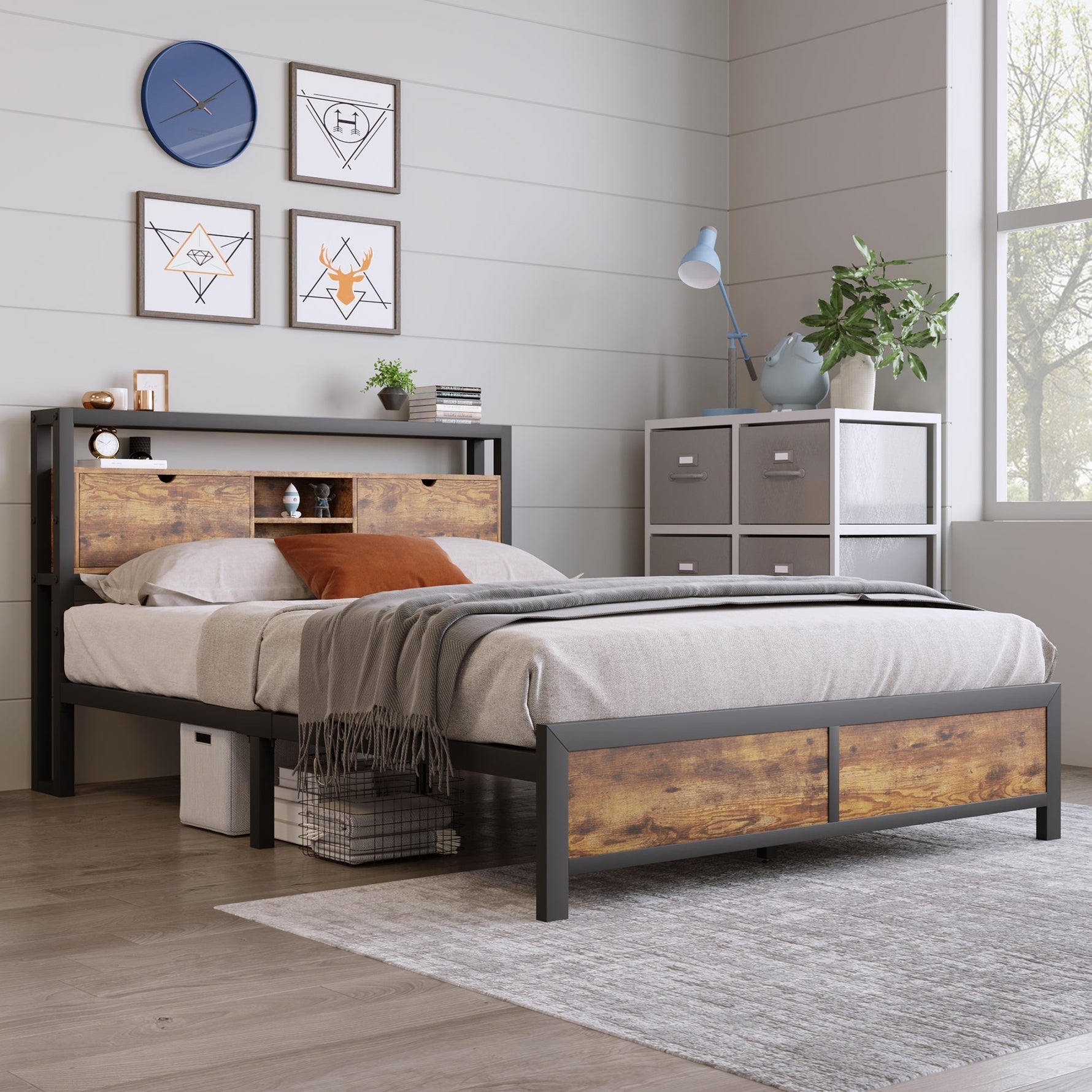 Metal Bed, Double 140 x 200 cm, Storage Headboard, Metal Slatted Frame