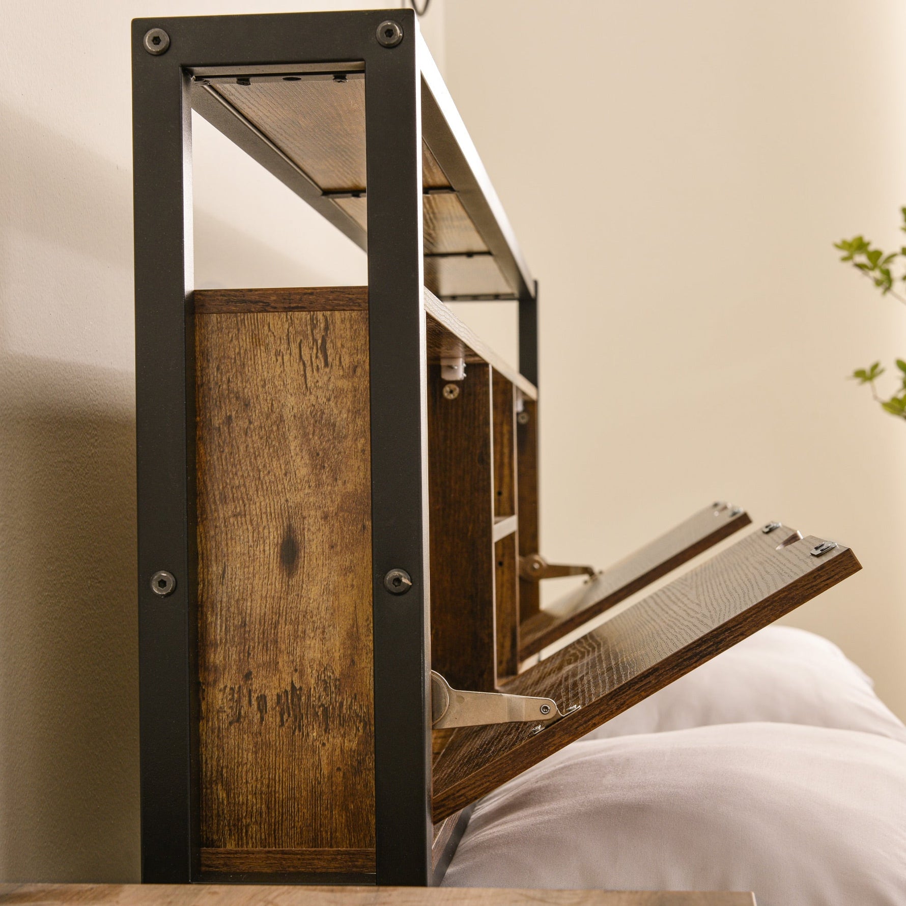 Metal Bed, Double 140 x 200 cm, Storage Headboard, Metal Slatted Frame