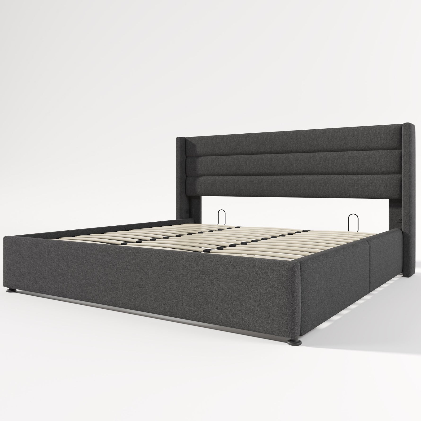 Storage Bed Upholstered Hydraulic Double 180x200cm, Slatted Base - Linen Grey