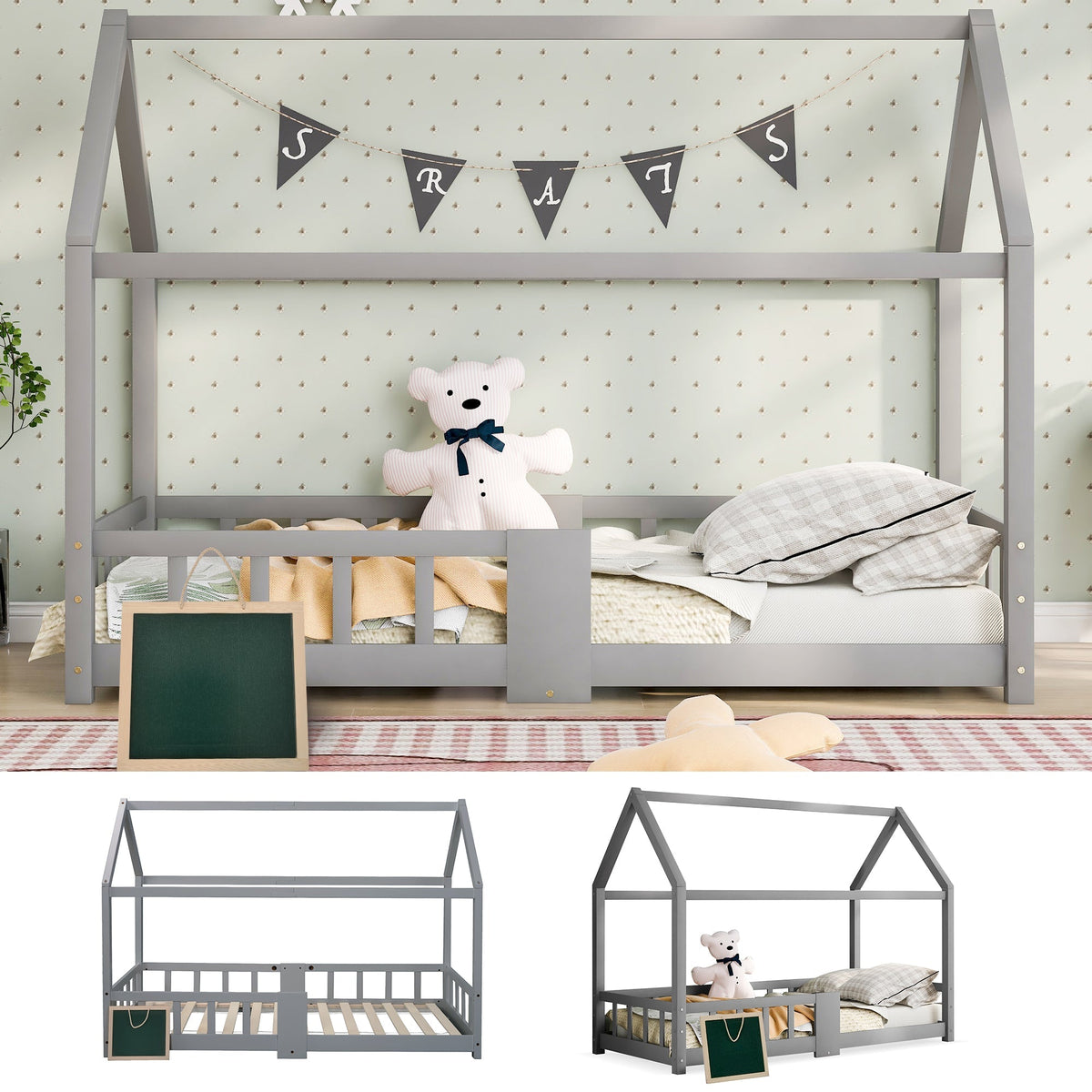 Children's House Bed 90x200cm Chalkboard Slatted Base Safety Rail Pine Wood, Grey