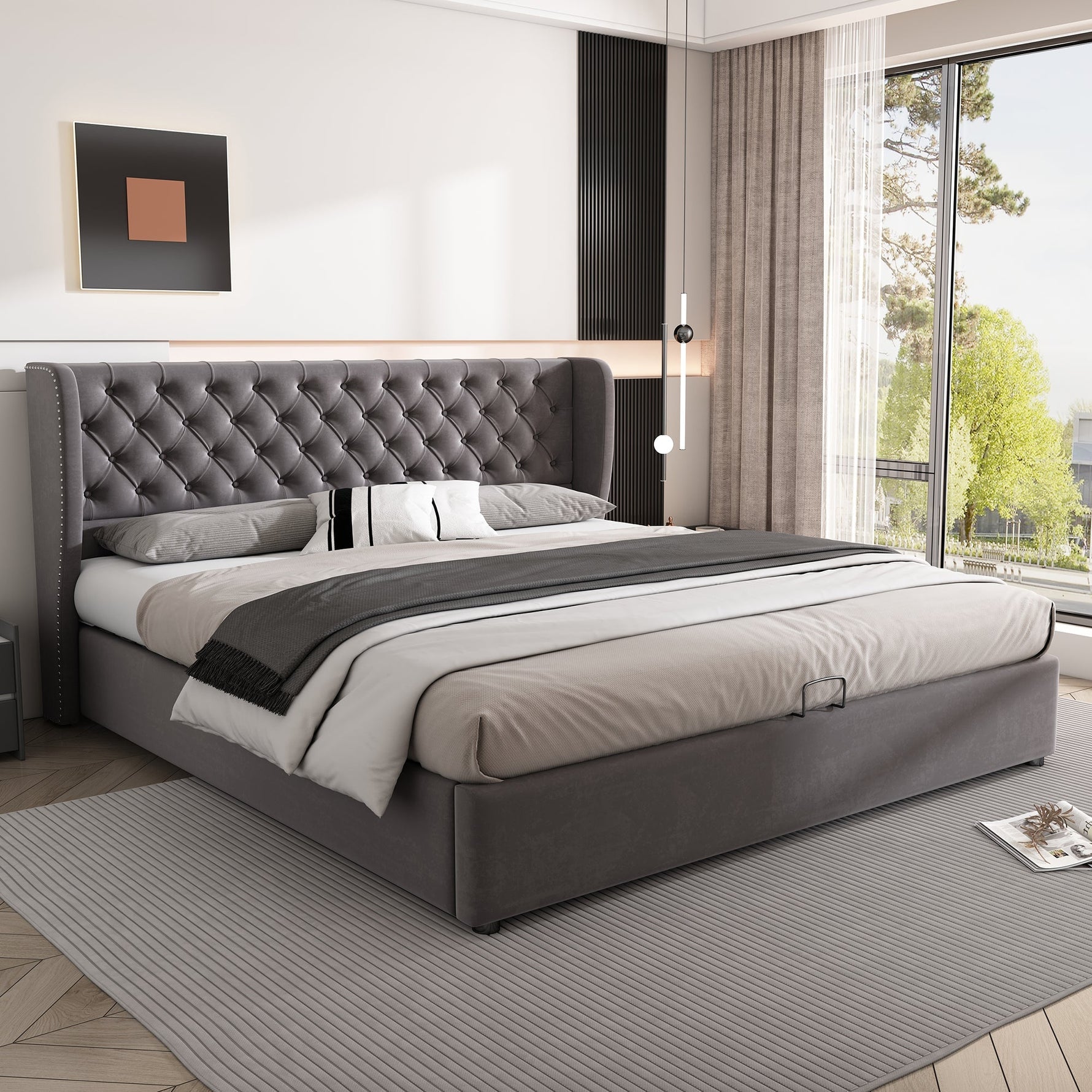Upholstered Bed 160x200cm Ear-Shaped Hydraulic Storage Slatted Frame - Velvet Grey