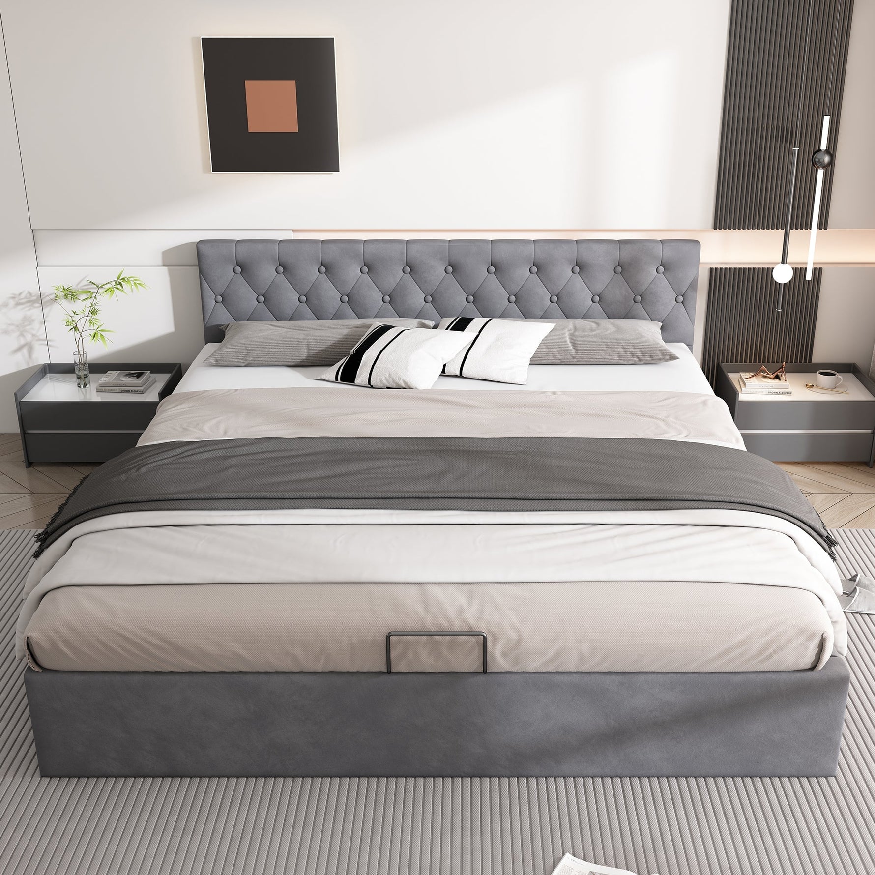 Velvet Upholstered Bed with Hydraulic Storage and Buttoned Headboard, 180x200cm, Grey