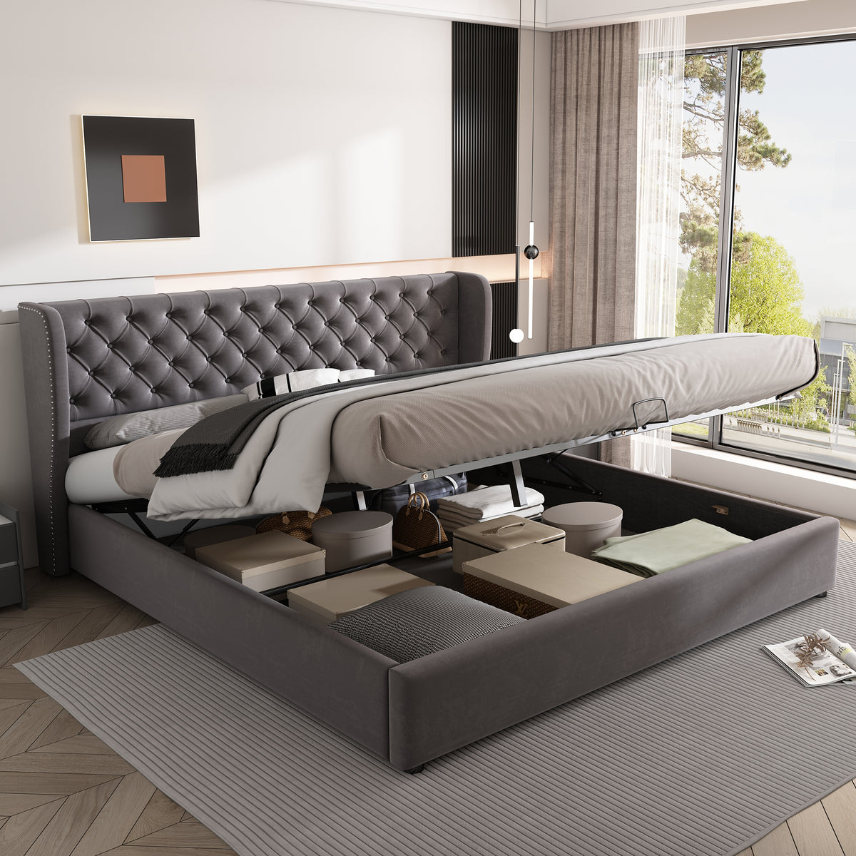 Upholstered Double Bed 180x200cm Hydraulic Storage, Grey Velvet