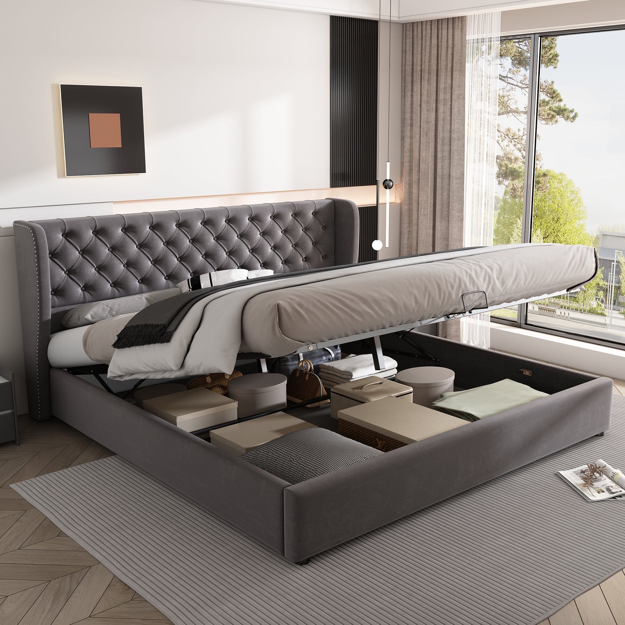 Upholstered Bed 160x200cm Ear-Shaped Hydraulic Storage Slatted Frame - Velvet Grey
