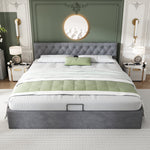 Velvet Upholstered Bed with Hydraulic Storage and Buttoned Headboard, 180x200cm, Grey