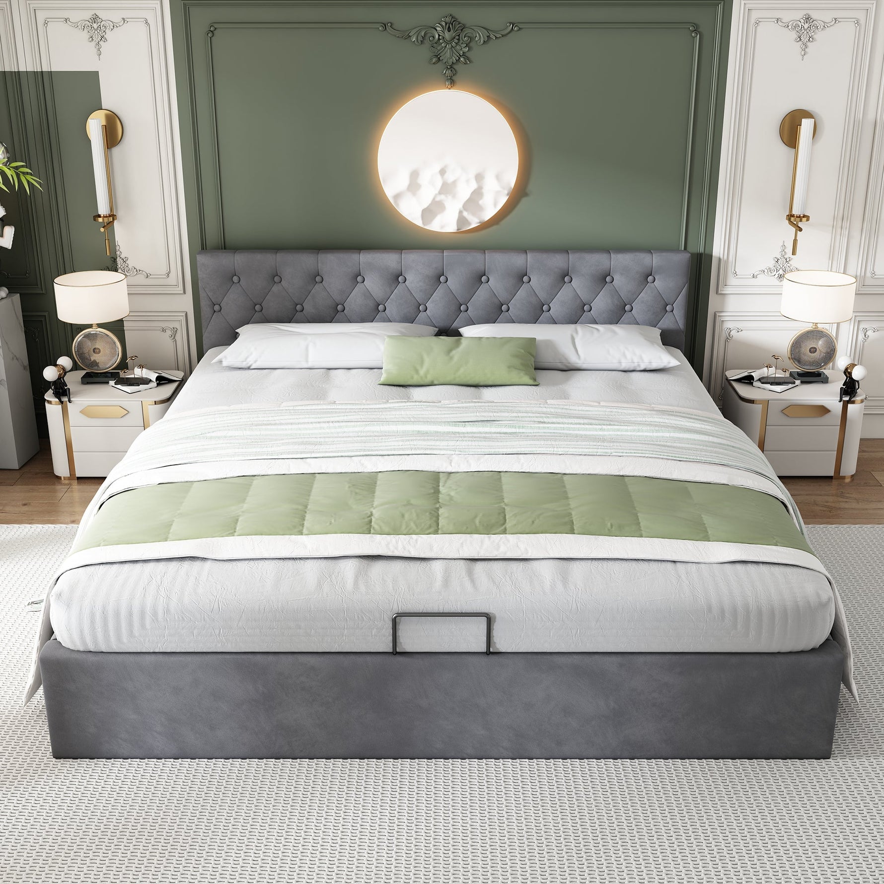 Velvet Upholstered Bed with Hydraulic Storage and Buttoned Headboard, 180x200cm, Grey