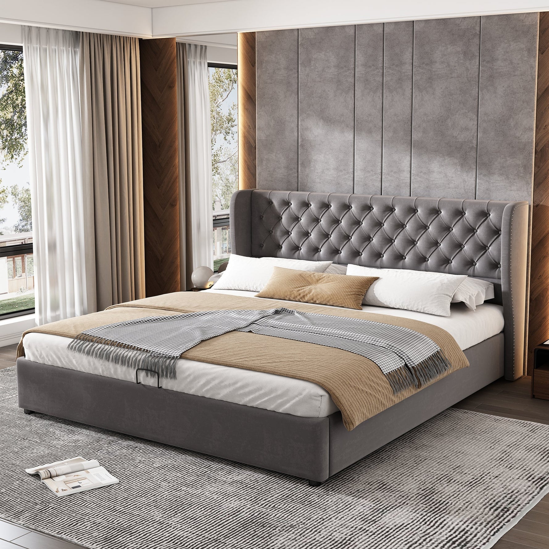 Upholstered Bed 160x200cm Ear-Shaped Hydraulic Storage Slatted Frame - Velvet Grey