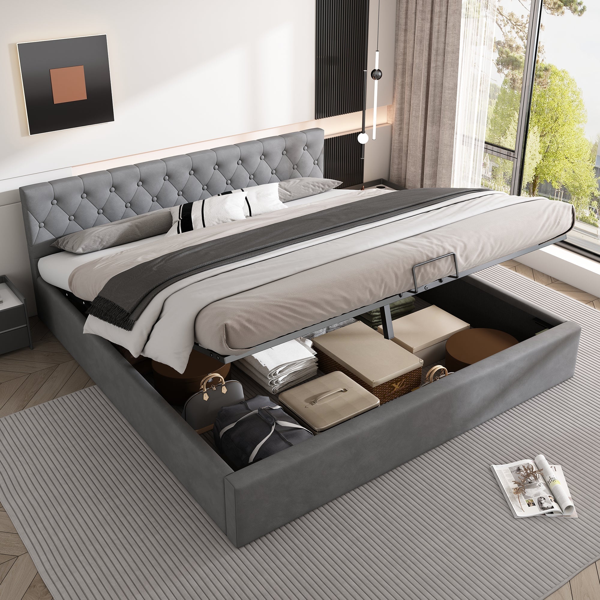 Velvet Upholstered Bed with Hydraulic Storage and Buttoned Headboard, 180x200cm, Grey