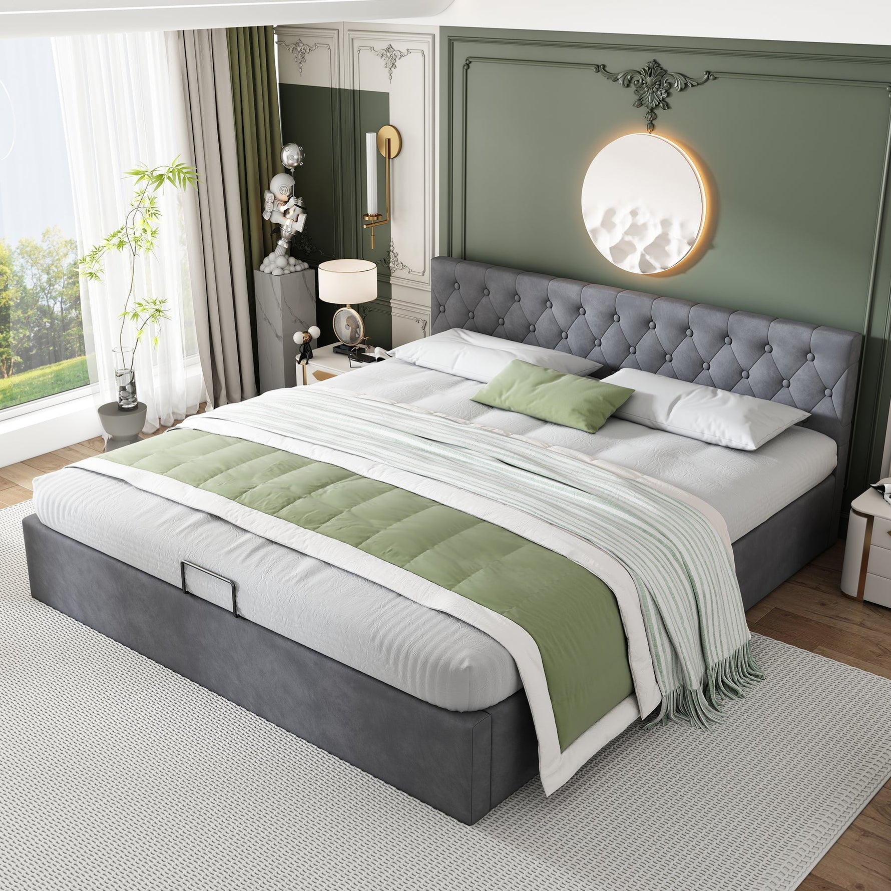Velvet Upholstered Bed with Hydraulic Storage and Buttoned Headboard, 180x200cm, Grey