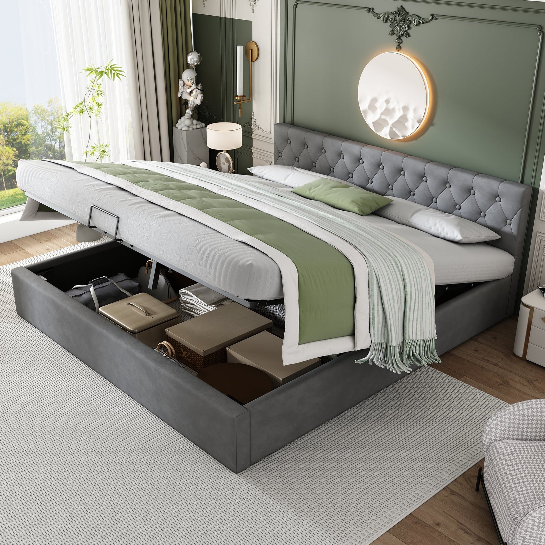 Velvet Upholstered Bed with Hydraulic Storage and Buttoned Headboard, 180x200cm, Grey