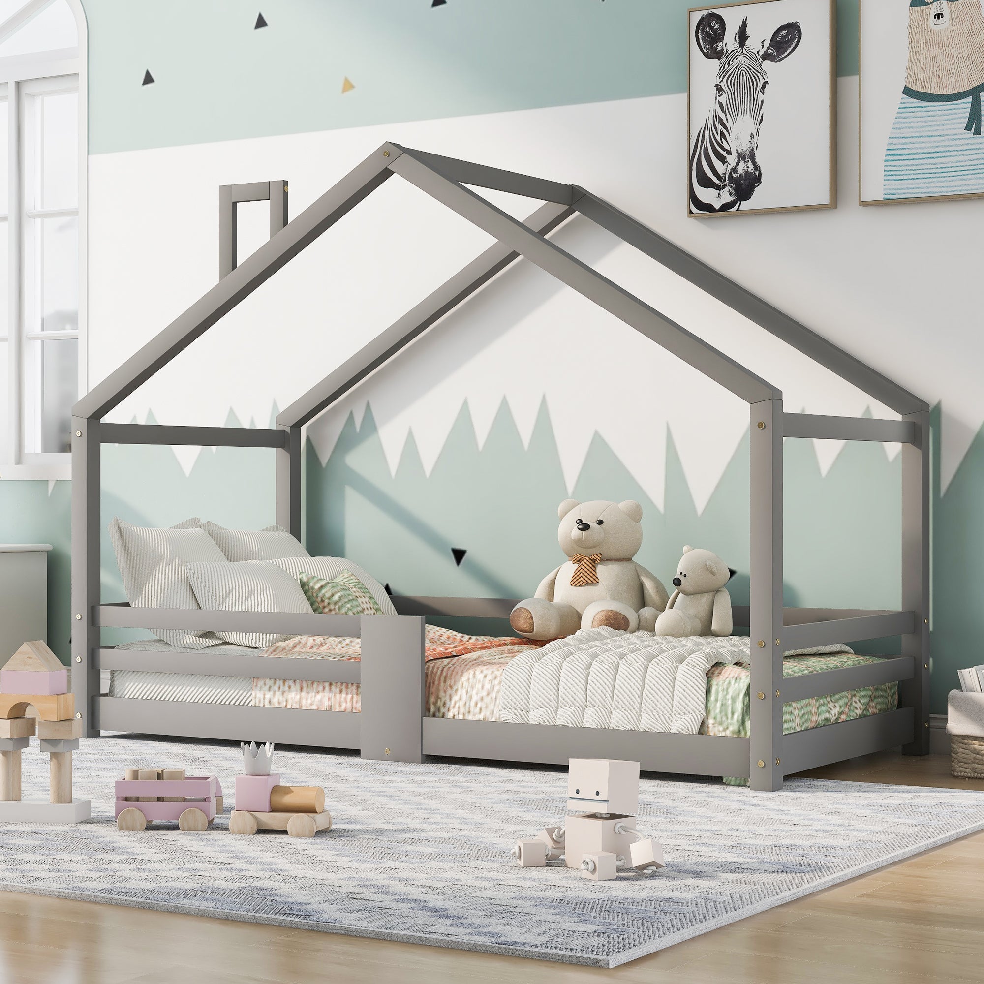 Children's House Bed with Chimney & Fall Protection, Pine Wood, Grey