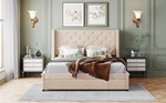 Upholstered Bed 140x200cm Double with Slatted Frame, Headboard, and Large Drawers, Pro-Linen Beige
