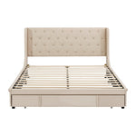 Upholstered Bed 140x200cm Double with Slatted Frame, Headboard, and Large Drawers, Pro-Linen Beige