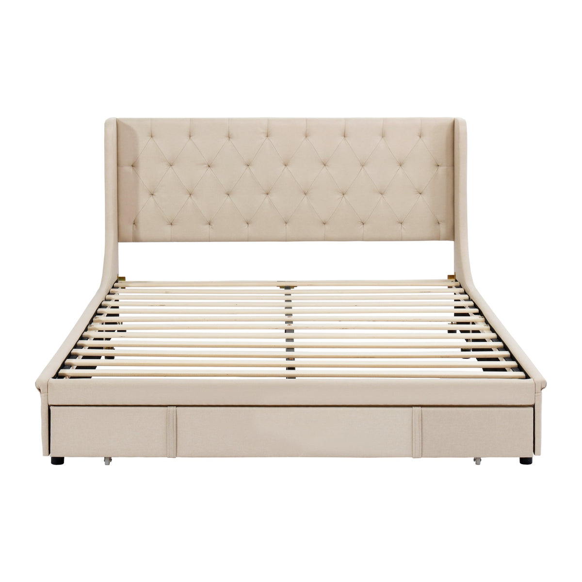 Upholstered Bed 140x200cm Double with Slatted Frame, Headboard, and Large Drawers, Pro-Linen Beige