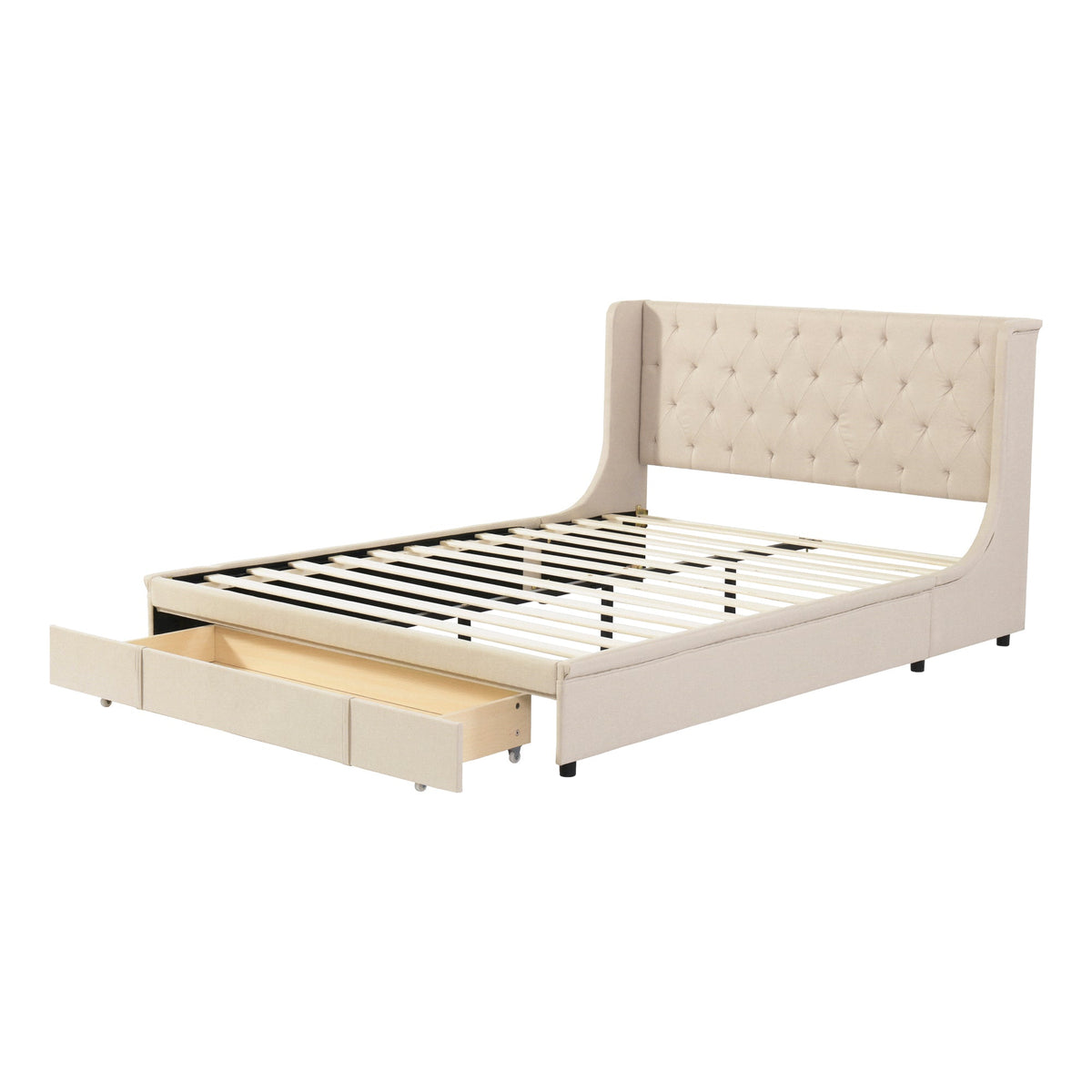 Upholstered Bed 140x200cm Double with Slatted Frame, Headboard, and Large Drawers, Pro-Linen Beige
