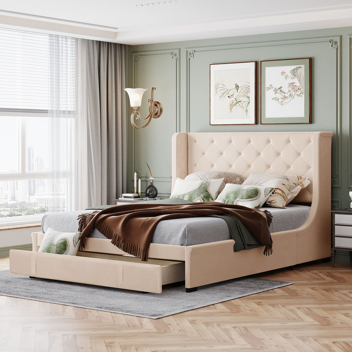 Upholstered Bed 140x200cm Double with Slatted Frame, Headboard, and Large Drawers, Pro-Linen Beige