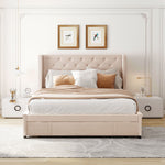 Upholstered Bed 140x200cm Double with Slatted Frame, Headboard, and Large Drawers, Pro-Linen Beige
