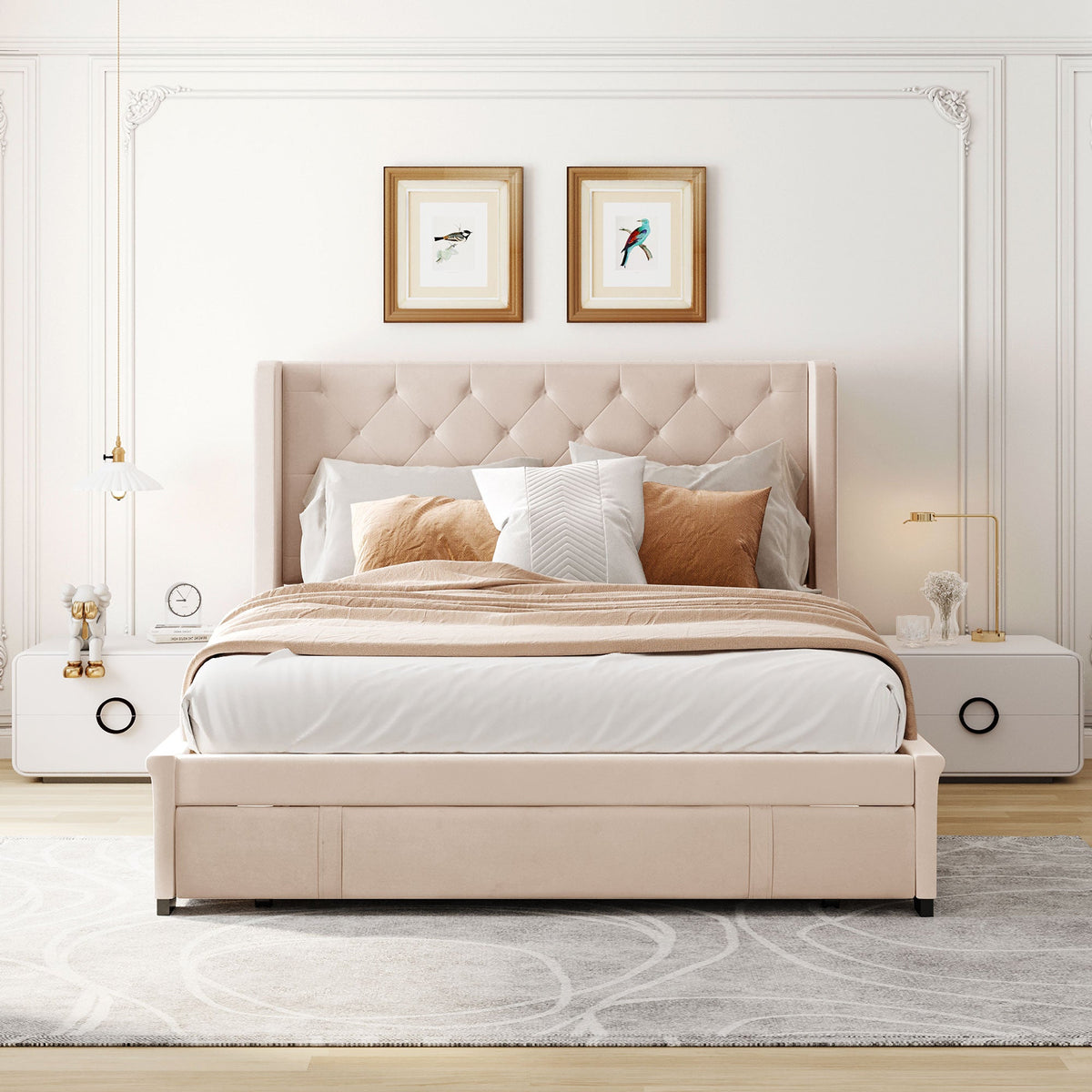 Upholstered Bed 140x200cm Double with Slatted Frame, Headboard, and Large Drawers, Pro-Linen Beige