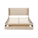 Upholstered Bed 140x200cm Double with Slatted Frame, Headboard, and Large Drawers, Pro-Linen Beige