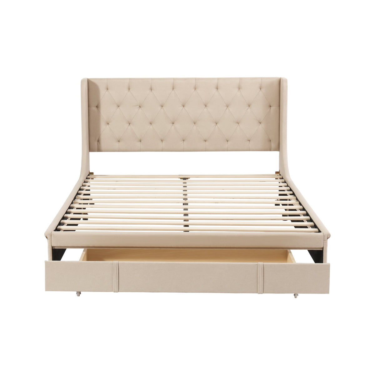Upholstered Bed 140x200cm Double with Slatted Frame, Headboard, and Large Drawers, Pro-Linen Beige