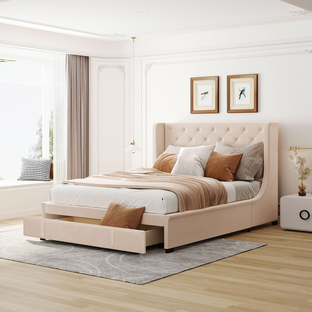 Upholstered Bed 140x200cm Double with Slatted Frame, Headboard, and Large Drawers, Pro-Linen Beige