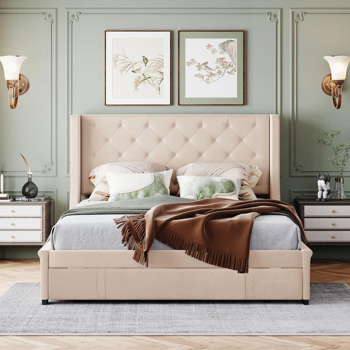 Upholstered Bed 140x200cm Double with Slatted Frame, Headboard, and Large Drawers, Pro-Linen Beige