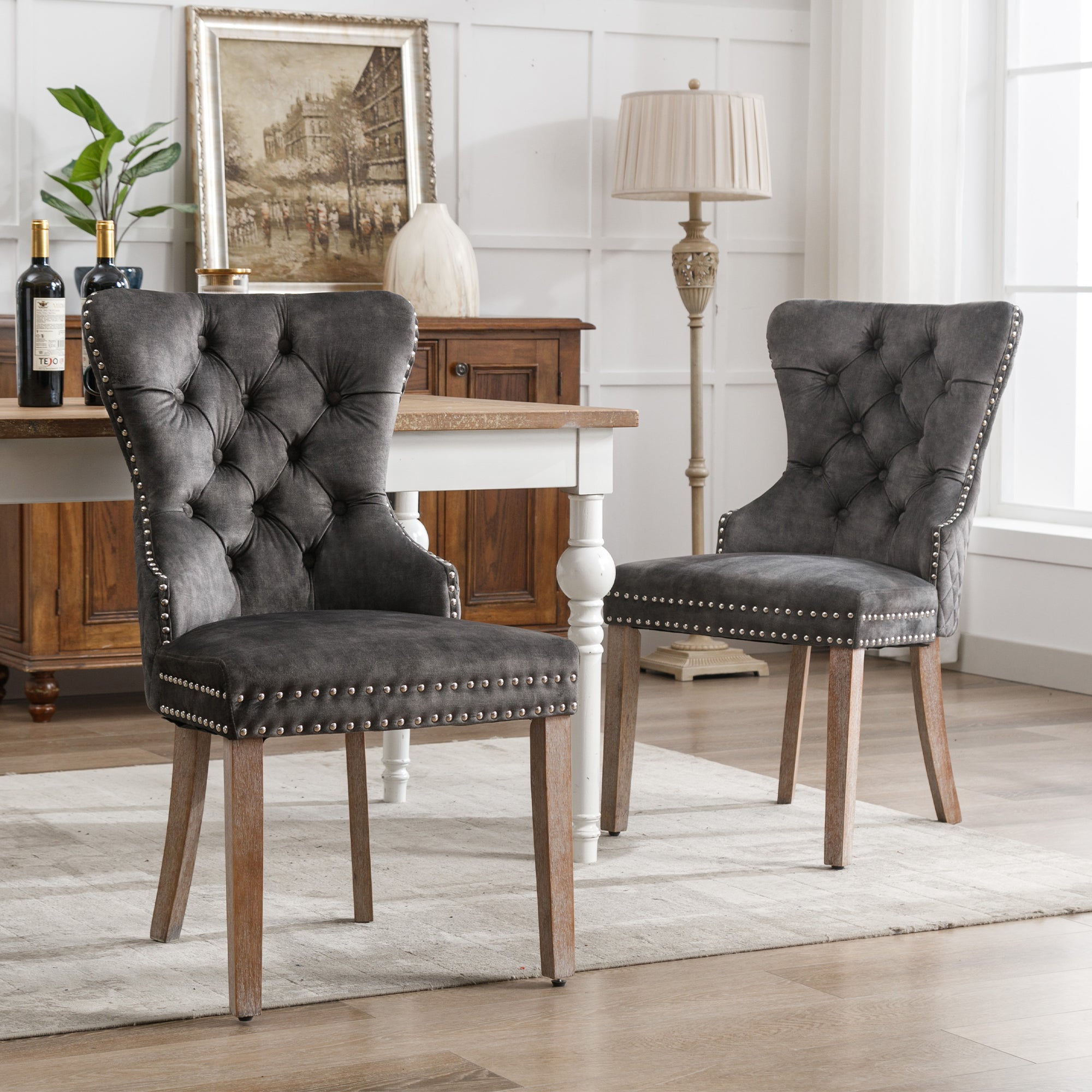 Dining Chair Set of 2 Upholstered Door Knocker Back Nailhead Trim Velvet, Grey